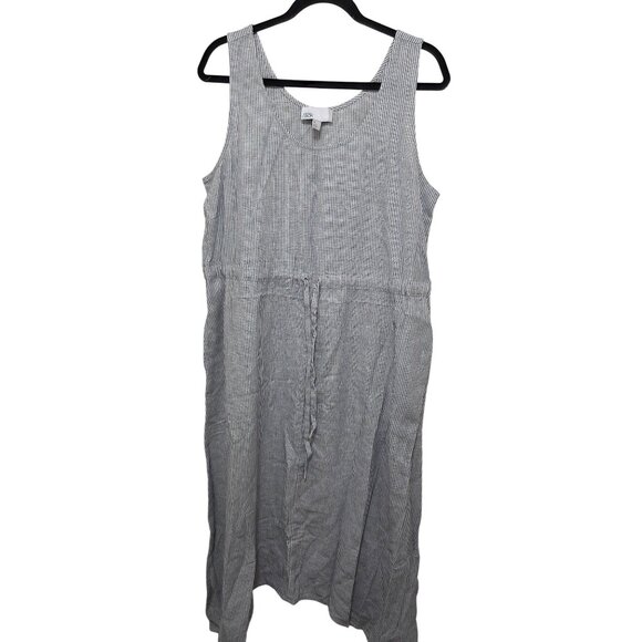 Nostrom Blue & White Striped Midi Tank Dress Drawstring Waist Linen Blend Size M - Picture 1 of 9